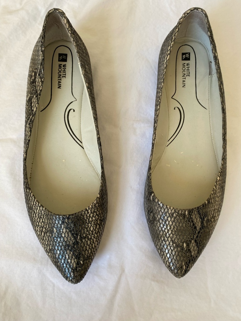 White Mountain Snake-Print Pointed Toe Flats in Gray